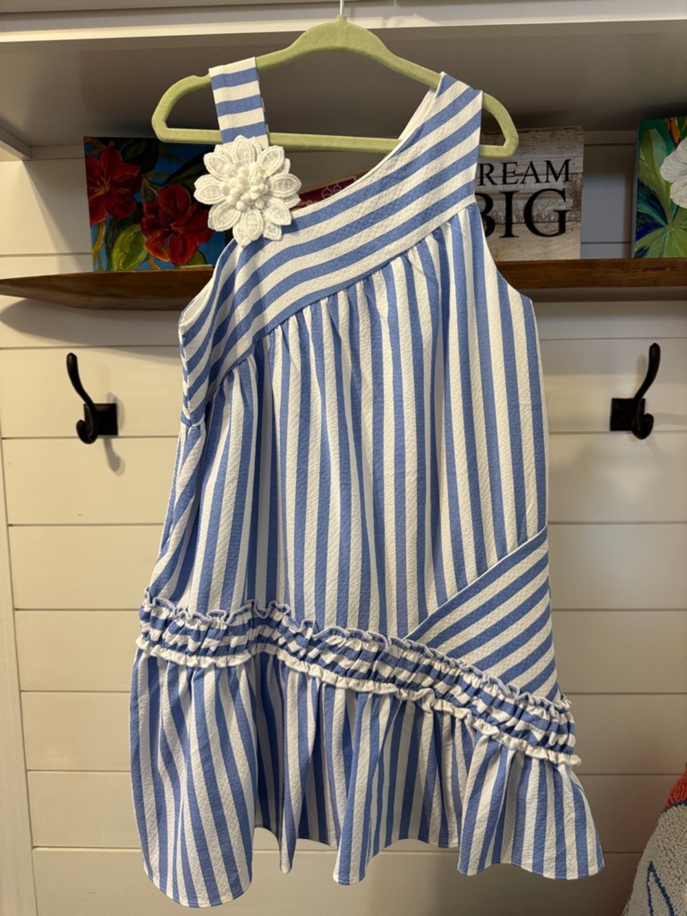 Truly Me Blue and White Striped One-Shoulder Dress with Flower